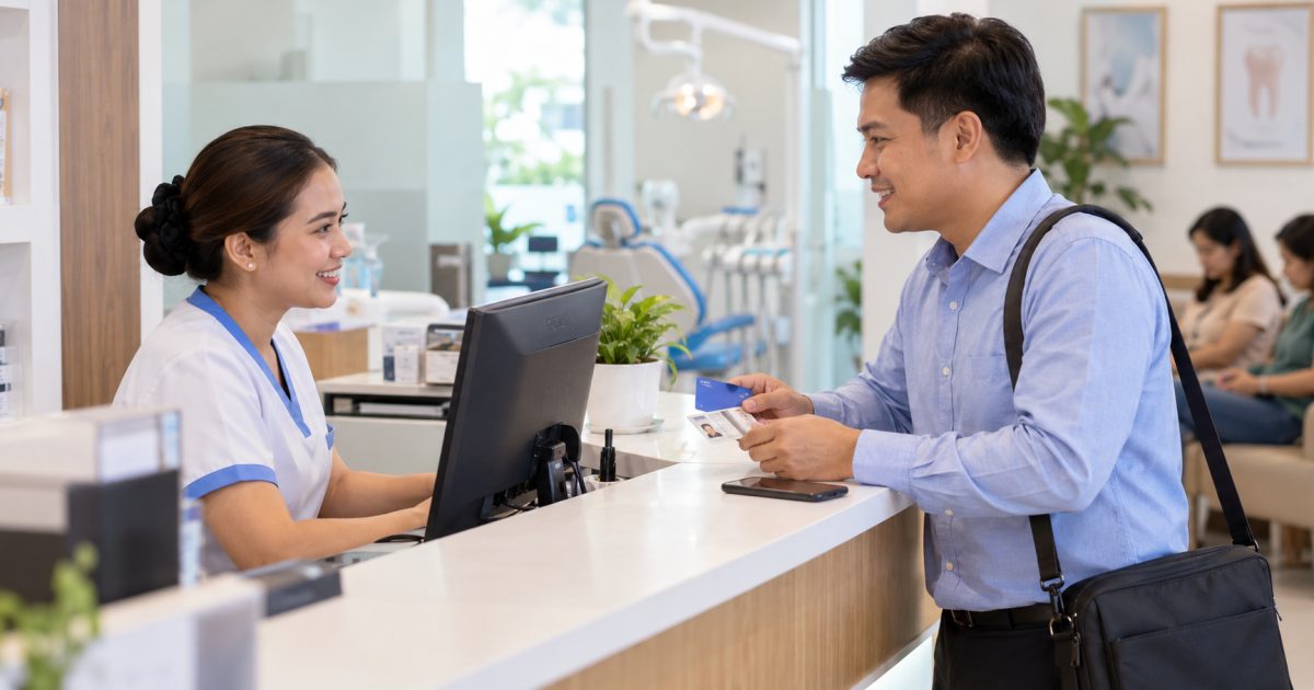 Filipino office worker showing a company HMO card and ID to a dental clinic receptionist