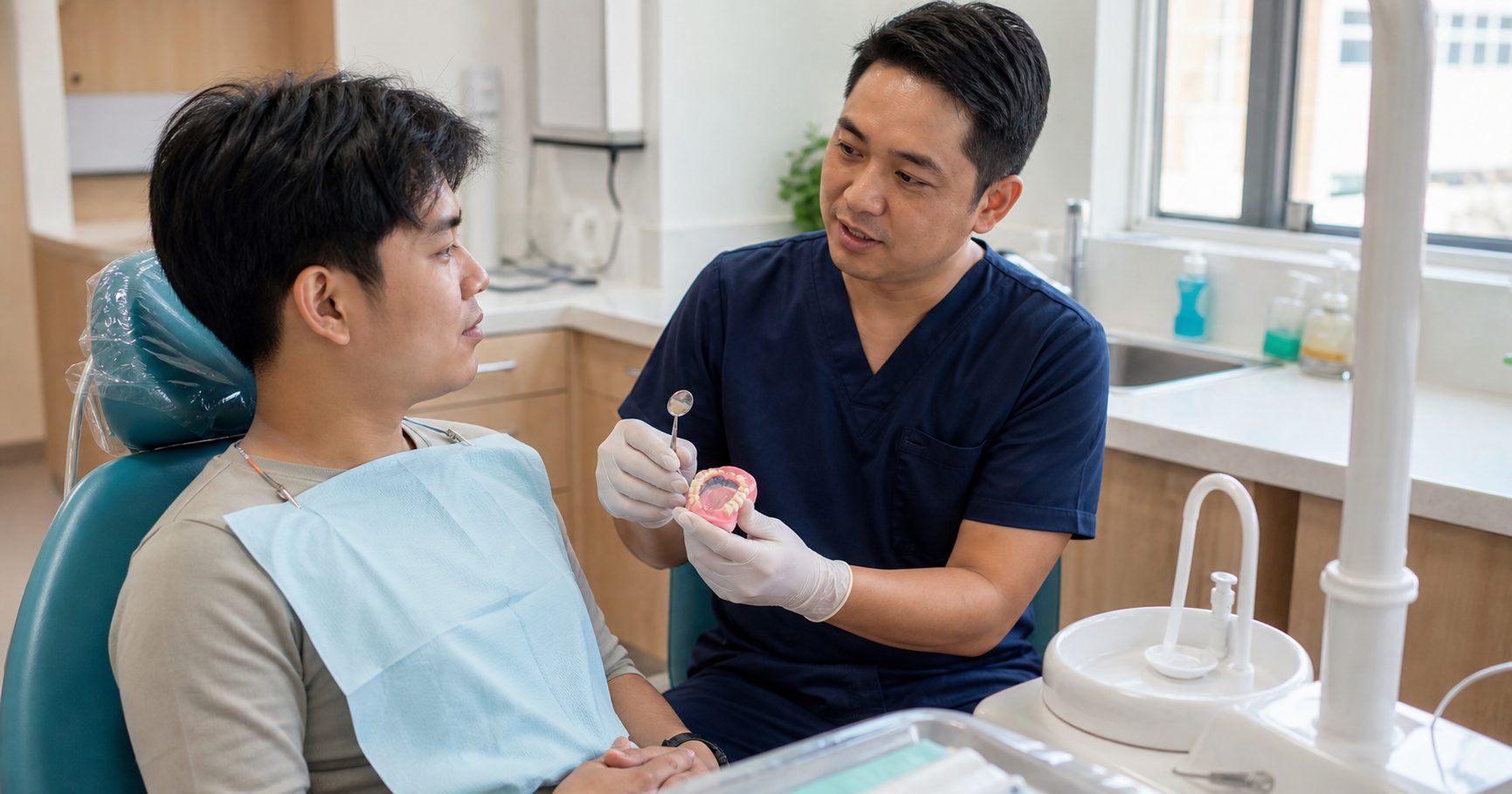 Filipino dentist discussing bad breath treatment with a patient during a dental consultation