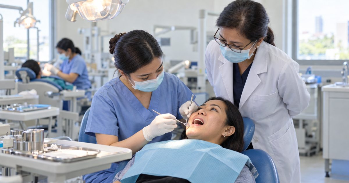Filipino dental student examining a patient under the supervision of a faculty dentist in a university teaching clinic