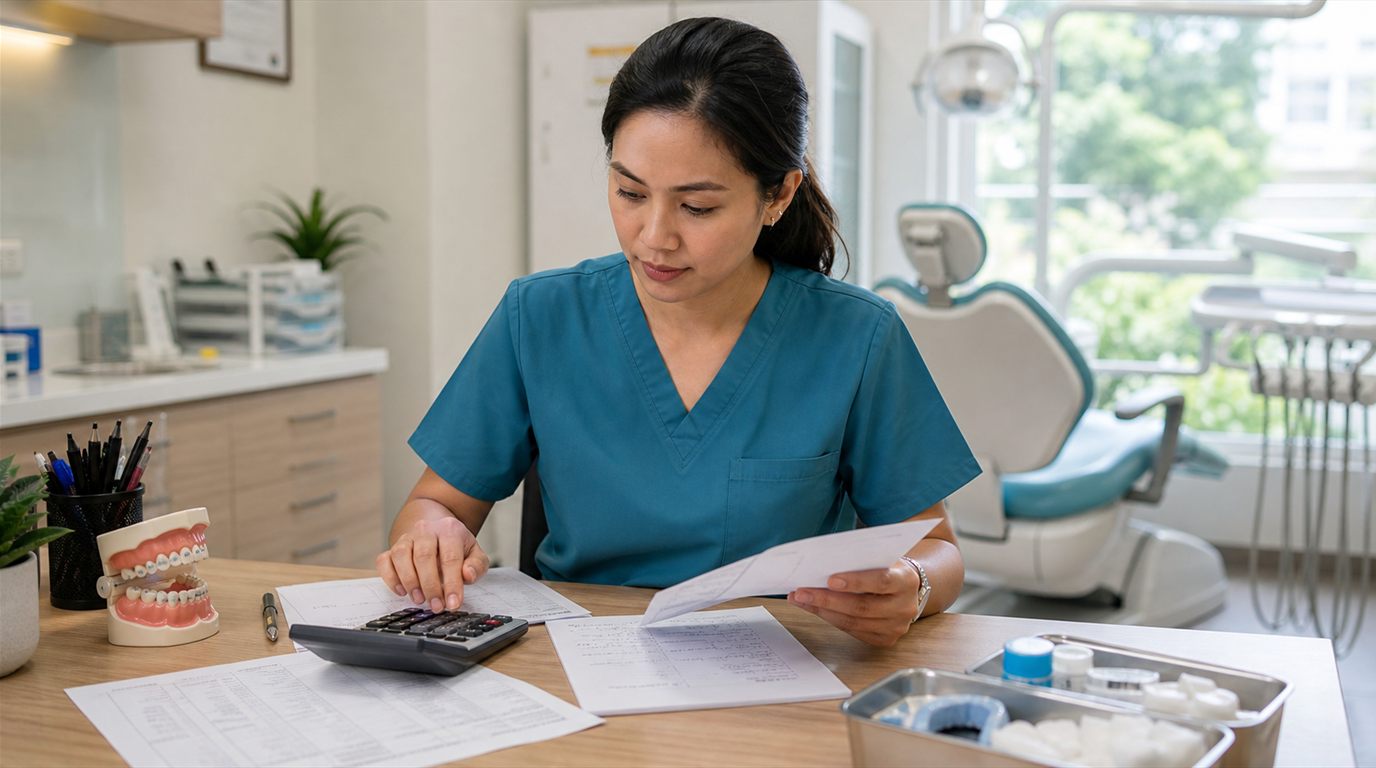 Filipino dentist calculating service prices from clinic costs and dental supplies
