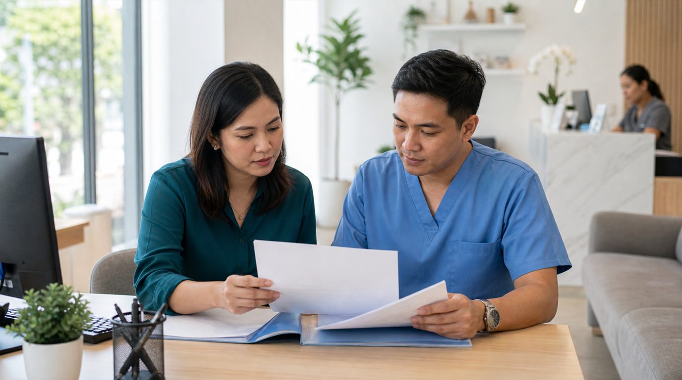 Filipino dentist and clinic administrator reviewing HMO accreditation documents