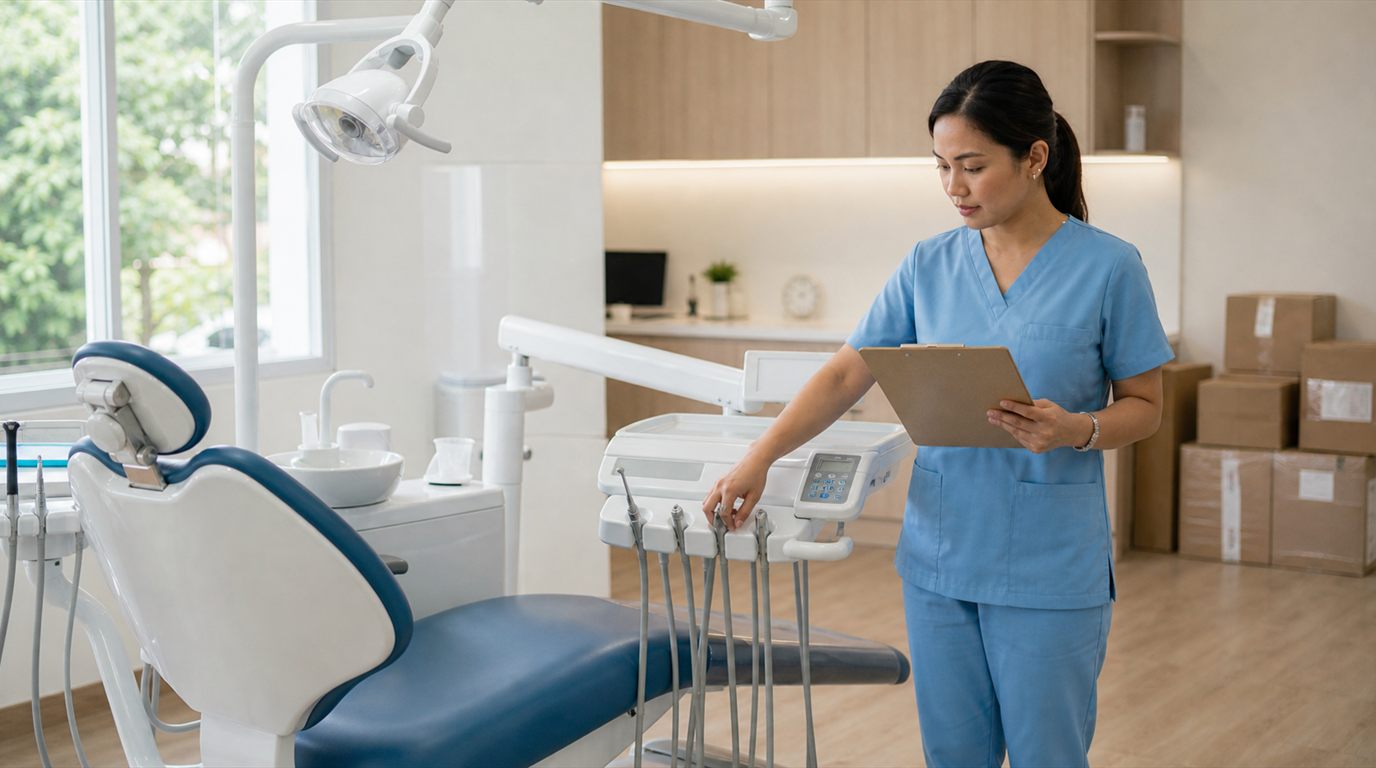 Filipino dentist inspecting dental equipment in a newly fitted clinic before opening