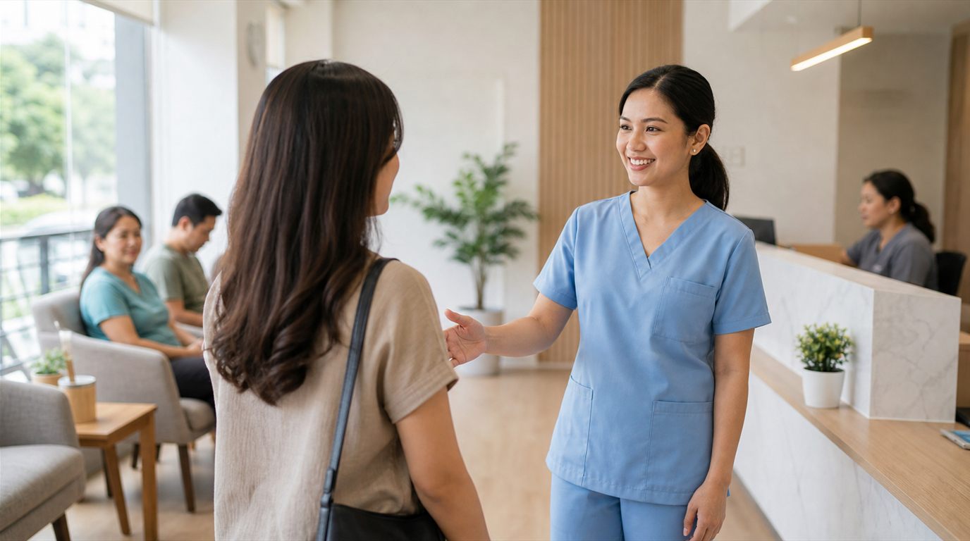 Filipino dentist welcoming a patient at a busy neighborhood dental clinic