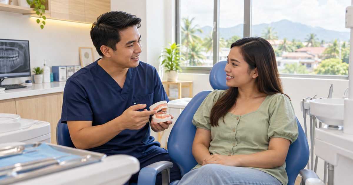 Filipino dentist discussing dental care with a patient in a bright Pampanga clinic